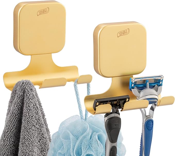 TAILI Powerful Suction Cup Razor Holder 2 Pack, Stylish 304 Stainless Steel Bathroom Suction Hooks for Towel, Loofah, Bathrobe, Shaver Holder for Shower Wall, Easy to Install and Reuse, Gold