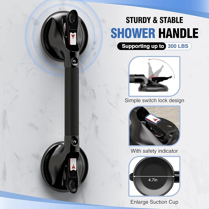 DAILYLIFE Grab Bars for Bathtubs and Showers, 15 inch Shower Handles for Elderly Suction, 300lbs Safety Shower Grab bar for Seniors and Elderly, Black(1 Pack)
