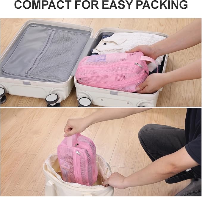 F-color Mesh Shower Caddy Portable with Zipper - 2 Pockets Small Shower Bag Tote for Camping, Gym, Travel, Toiletry, Quick Dry Bathroom Essentials with S Hook, Pink