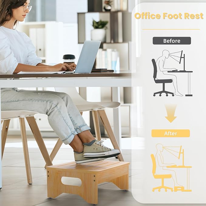 Wooden Step Stool for Adults & Kids, Non-Slip Rubber Feet, 6.5 INCH High, Lightweight Small Step, 450 LBS Capacity, Bed Step Stool for High Bed, Bathroom & Kitchen (Bamboo)