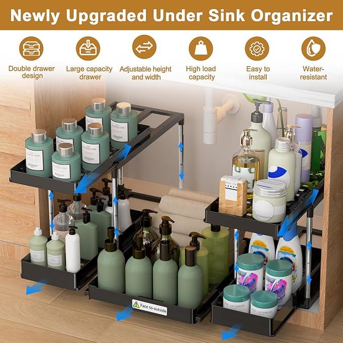 NIUXX Expandable Under Sink Organizer: 2 Tier Height Adjustable Under Cabinet Organizer - Double Pull Out Shelf Under Sink Storage for Kitchen - Bathroom and Laundry Room - Space Saving