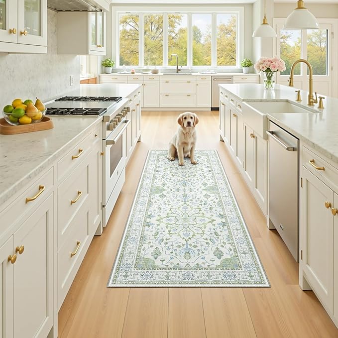RELEANY Area Rugs Runner 2'x6' Washable Non-Slip, Floral Vintage Distress Medallion Carpet for Kitchen Hallway Bedroom Beside Laundry Room Bathroom, Green White Blue