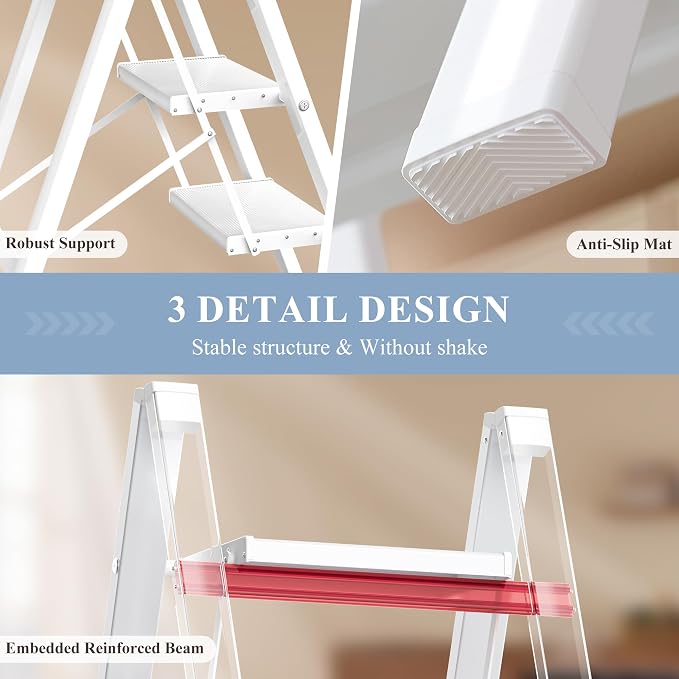 2 Step Ladder, Folding Step Stool with Wider Pedal, Anti-Slip Feet & Non Slip Stripes, Aluminum Sturdy Material, 300Lbs Capacity, Elegant Look of Modern White Better Matches Your Home