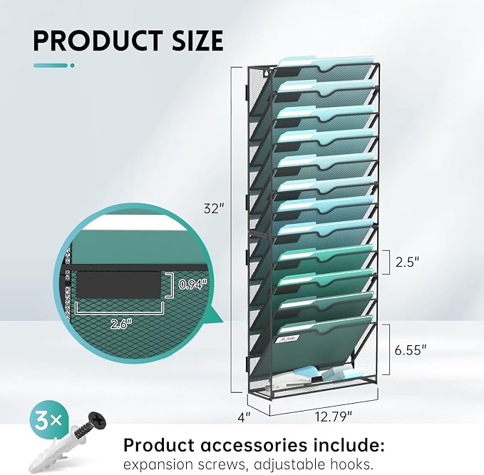 SUPEASY 13-Tier Wall File Organizer, Hanging Wall Files for Papers, Folders, Magazines, Clipboard, Wall Organizer for Office Home School Classroom, Black