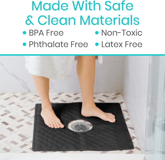 Vive Shower Mat - 22" by 22" Square Non Slip Large Bath Mat for Bathtub - Patented Design - Suction Cup Traction Skid Pad for Stalls Floors Tub - Textured Rubber with Drain Hole
