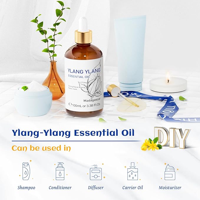 HIQILI Ylang-Ylang Essential Oil, Long-Lasting Scent for Diffuser, Perfumes, Aromatherapy, DIY - 3.38 Fl Oz