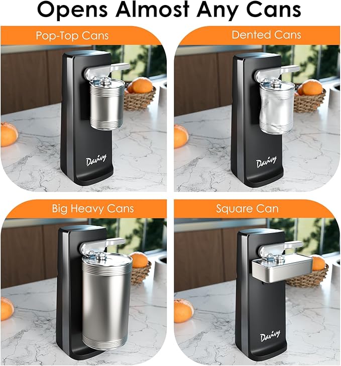 Davivy Electric Can Opener - One-Touch Hands-Free Operation,Removable Stainless Steel Cutter, 3-in-1 Design with Knife Sharpener&Bottle Opener(Black)