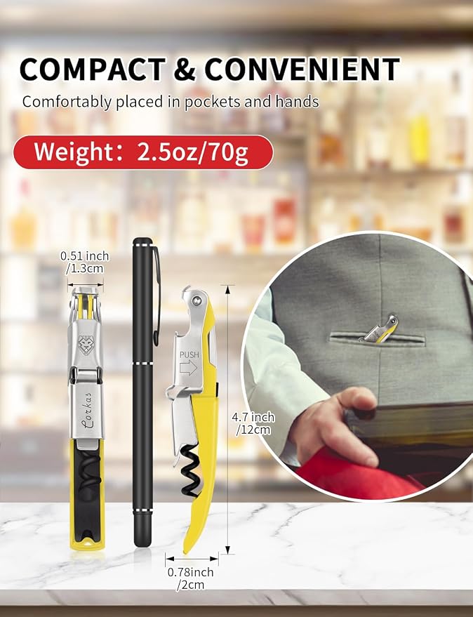 CORKAS Wine Key - Professional Handcrafted Heavy Duty Waiter Corkscrew, Compact Wine Opener with Double Hinged, Foil Cutter and Bottle Opener, Gifts for Servers, Sommelier, Bartenders - Yellow