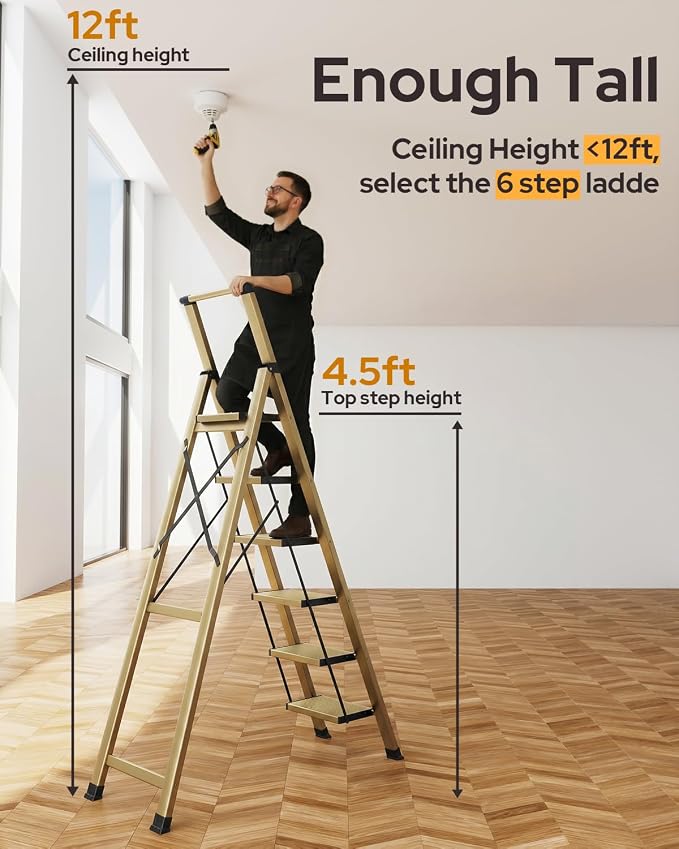 6 Step Ladder for 12 Feet High Ceiling, Lightweight Aluminum Folding Step Stool with Convenient Handgrip, Stepladders with Anti-Slip and Wide Pedal for Home Use Space Saving - Gold