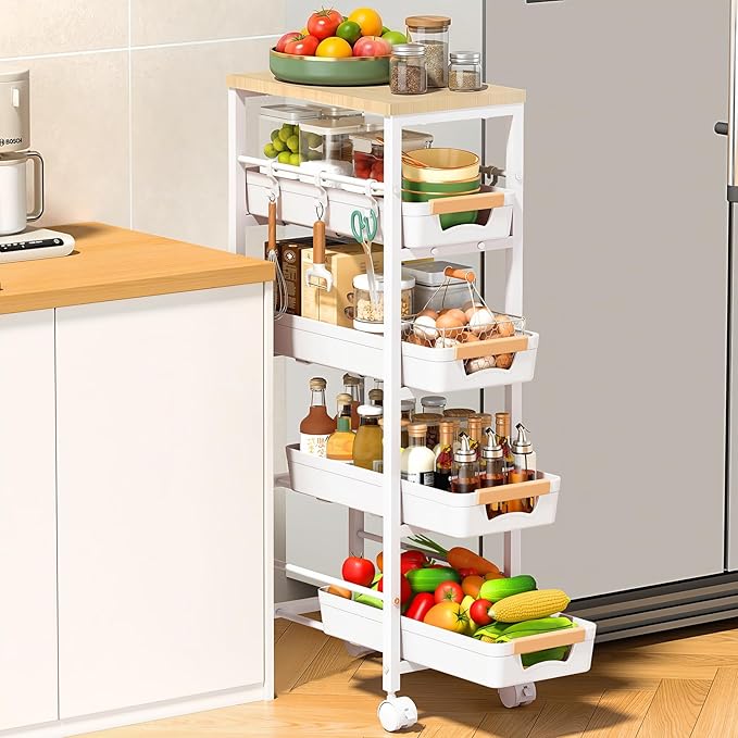 SUNALLY Slim Storage Cart with Pull-Out Baskets, 5-Tier Rolling Kitchen Cart with Wooden Top & Lockable Wheels, Narrow Space Utility Cart Organizer for Kitchen, Bathroom, Laundry Room, White