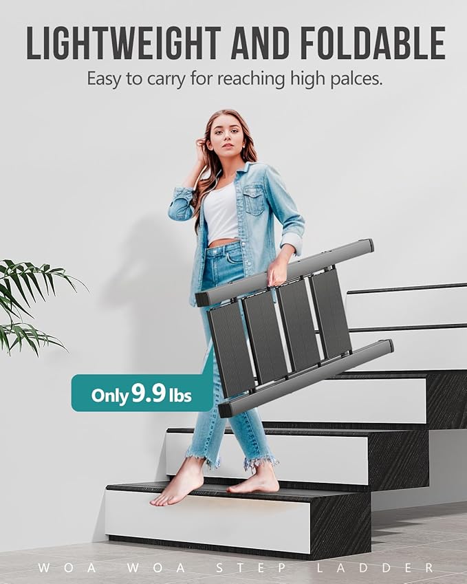 WOA WOA 4 Step Ladder, Foldable Step Stool, Aluminum Lightweight Ladder for Home Kitchen Closet, Anti-Slip Pedals, Ease of Folding, Portable, 300lbs Capacity - Black