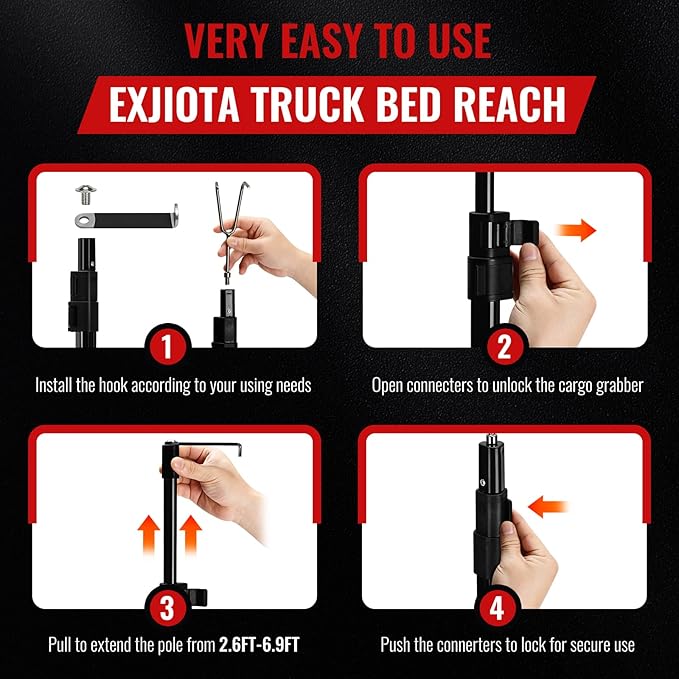 6.9 Ft Magnetically Mounted Truck Cargo Grabber Reach Tool, Lastest Telescoping Truck Bed Retriever Tool Magnetic, Multi-Use Pickup Truck Bed Accessories Truck Bed Reach Pole(2 Hooks 1 Mounted Plate)