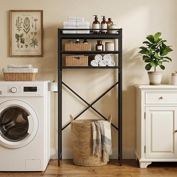 MAHANCRIS Over Toilet Storage, 3-Tier Bathroom Organizer Shelf with Toilet Paper Holder, Freestanding Space Saver Bathroom Shelves Above Toilet for Bathroom, Laundry Room, Black TSBK1201