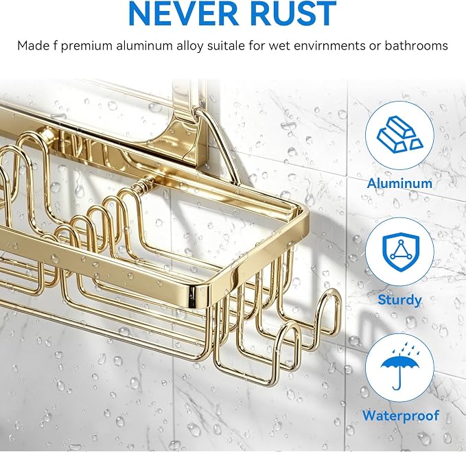 Shower Caddy Hanging, Over Head Shower Caddy Shower Storage Rack Basket with Hooks for Razor and Sponge Rustproof, No Drilling, Accessories for Bathroom and Kitchen, Gold