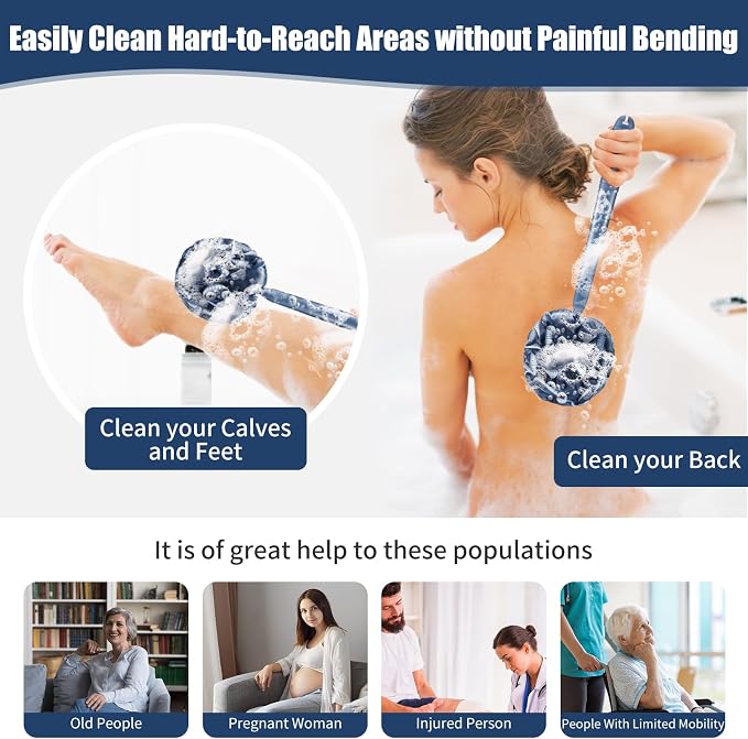 VANZAVANZU Loofah Sponge Set Loofah Exfoliating Body Scrubber, Anti-Slip Plastic 17" Handle Loofah on a Stick with Fluffy Shower Sponge, PE Soft Mesh Shower Loofahs-Blue with White Edge