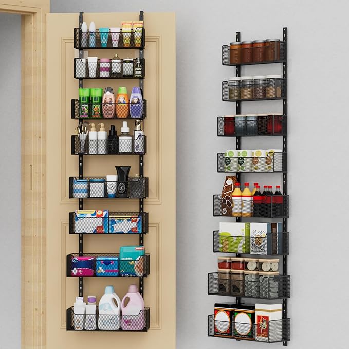 VyGrow Over The Door Organizer, 8-tier Metal Door Organizer Hanging with Adjustable Baskets, Behind The Door Storage for Bedroom Closet Bathroom Pantry Cabinet Kitchen, Black
