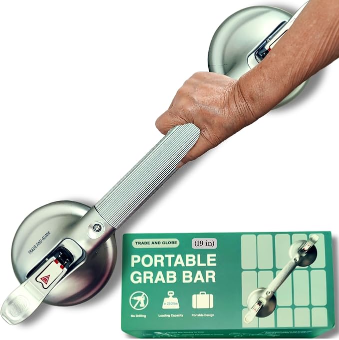 Heavy Duty Grab Bar with Large Suction Cups for Shower and Bathtub, Easy Tools-Free Installation & Removal, Safety with Compression Loss Warning, Useable on Diffrent Surfaces (Silver, 19 Inches)