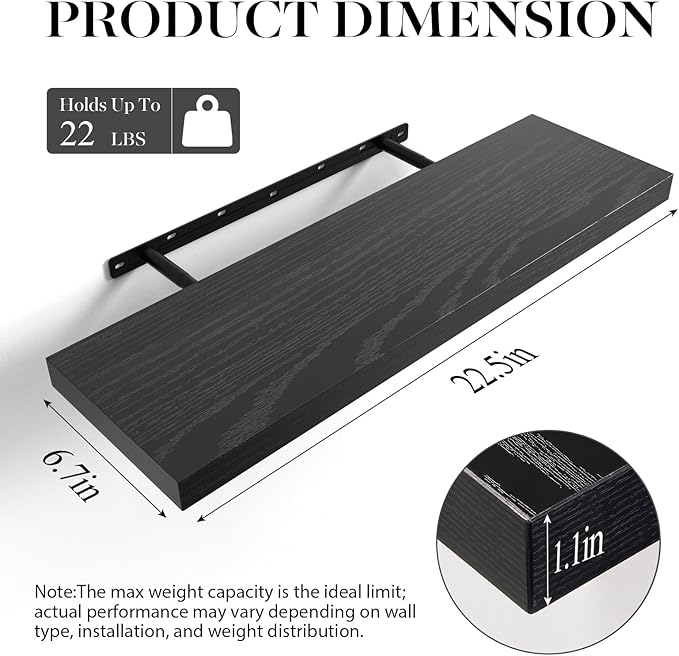 BAYKA Floating Shelves Set of 2, 22.5 inches Black Wall Mounted Shelves for Bathroom, Bedroom, Living Room, Kitchen & Book, Hanging Display Decor Organizer Shelf with 22 lbs Capacity