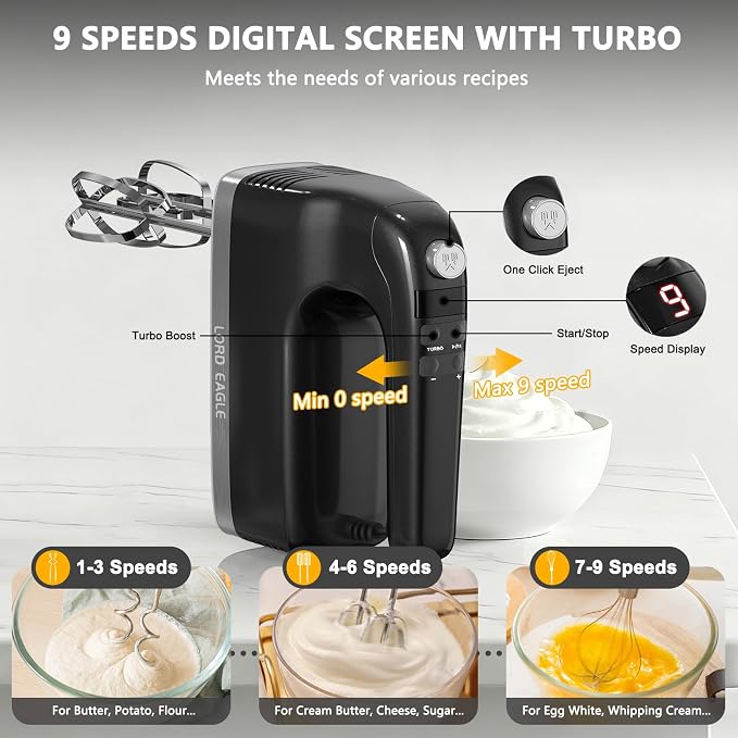 Lord Eagle 9-Speed Digital Hand Mixer Electric Handheld, 500W DC Motor Kitchen Mixer for Cake Baking, Lightweight Egg Beaters with Stain-resistant & Waterproof Storage Bag & 6 Accessories, Black