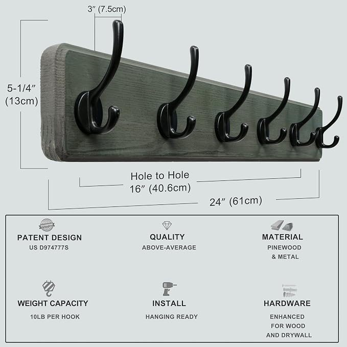 Dseap Coat Rack Wall: 24" Long, Patented, Heavy-Duty, 6-Double-Hooks Wooden Wall Mounted Coat Rack Coat Hanger Hook Rail for Winter Coats Hat Jacket Clothing, Weathered Green, Pack of 2