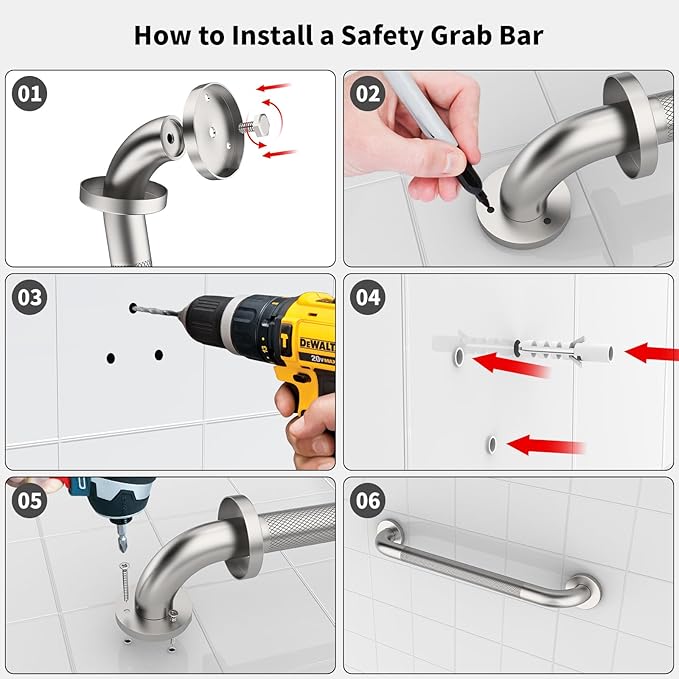 Shower Grab Bar 24 Inch, iHansee Brushed Nickel Bathroom Grab Bar w/Anti-Slip Knurled Grip, Stainless Steel Safety Handicap Bars, Wall Mounted Balance Support Handrail Bath Handle for Senior Elderly