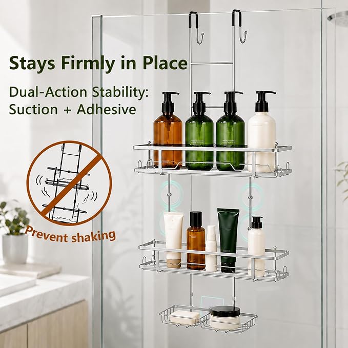 OMAIRA Over The Door Shower Caddy, 3-Tier Hanging Shower Organizer with 8 Hooks & Soap Holder, Height-Adjustable Rustproof Bathroom Shelf for Shower Door, No Drilling Storage Rack, Sliver