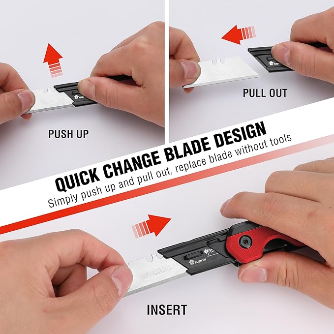 WORKPRO 2-in-1 Folding Knife/Utility Knife, Quick-Change Box Cutter with Belt Clip, Liner Lock, and G10 Handle, Extra 10 SK5 Blades Included, Red