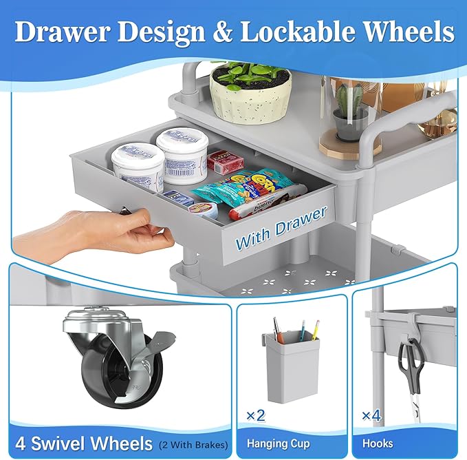 SUNALLY 4 Tier Rolling Utility Cart with Drawer, Storage Organizer Cart with 2 Lockable Wheels, Multifunctional Rolling Storage Cart for Bathroom, Kitchen, Craft, Makeup, Baby Essentials, Gray