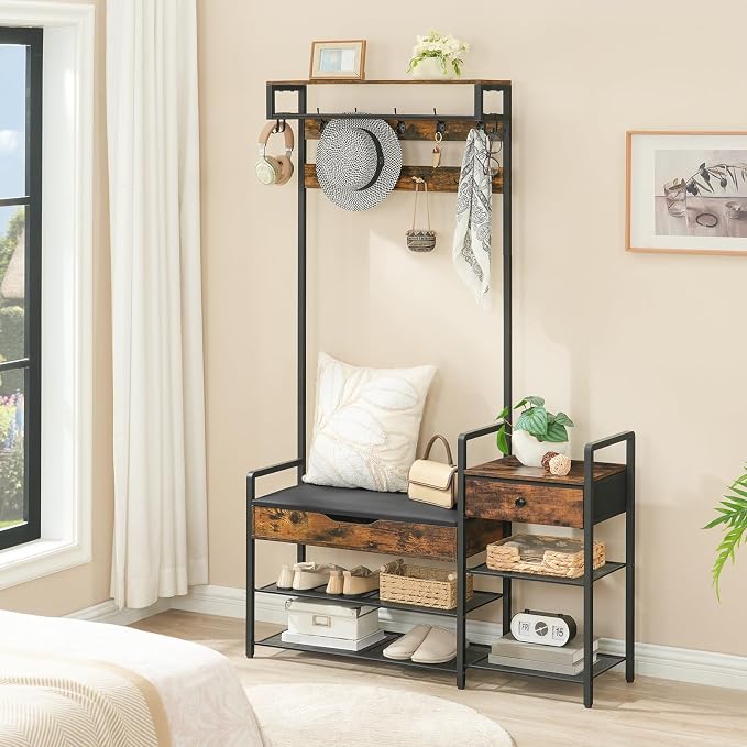HOOBRO Hall Tree with Bench, Shoe and Coat Rack for Entryway, Coat Rack with Bench, Flip Top Storage Box, PU Cushioned Seat, Non-Woven Fabric Drawer, for Entrance, Rustic Brown and Black BF110MT01
