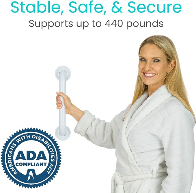 Vive Grab Bar for Showers - Bathroom Antislip Handrail for Seniors, Elderly Assistance Product, Heavy Duty Shower Handles, Handicap Grab Bars, Stainless Steel, Multipurpose, 440 lbs (White)