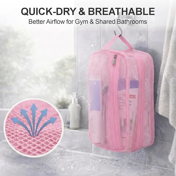 F-color Mesh Shower Caddy Portable with Zipper - 2 Pockets Small Shower Bag Tote for Camping, Gym, Travel, Toiletry, Quick Dry Bathroom Essentials with S Hook, Pink