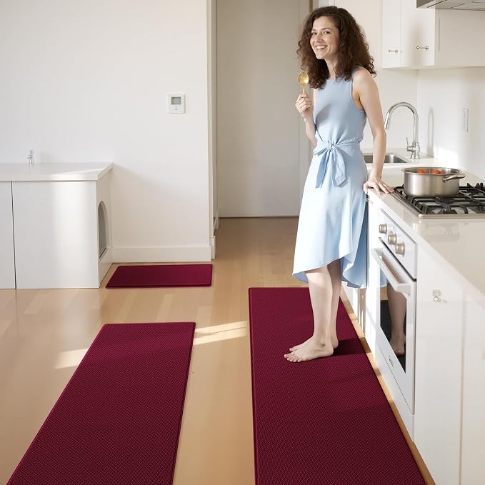 KitchenClouds Kitchen Mats for Floor,3PCS Kitchen Rugs,Non Slip Anti Fatigue Mats for Kitchen Floor,Waterproof Sink Mat,Cushioned Standing and Comfort Mats for Office,Red