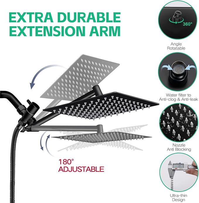 Shower Head,10”Rain Shower Head with Handheld Spray Combo and Adjustable Extension Arm/3-Way Flow Regulator/Shower System,High Pressure Rain Fall Hose,Matt Black