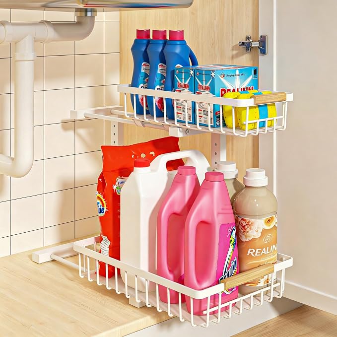 REALINN Under Sink Organizer, Height Adjustable Under Sink Organizers and Storage, 2 Tier Pull Out Drawer Cabinet Storage for Kitchen Bathroom, 1 Pack, White