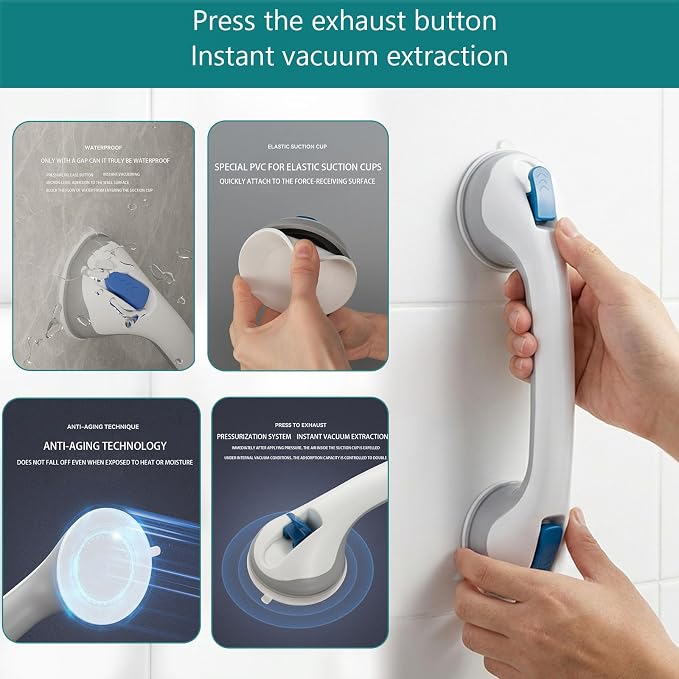 Grab Bars for Bathtubs and Showers, Suction Cup Shower Handle, Removable No Drill Bathroom Safety Assist Grip, Tool Free Install for Seniors and Adults, Shower, Tub, Toilet, RV, 2 Pack