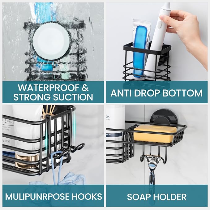 TAILI Shower Caddy Suction Cup, 3 Pack Shelves for Inside with Hooks & Soap Holder Toothbrush Cups, Removable Bathroom Organizer, Rustproof Black Shelves