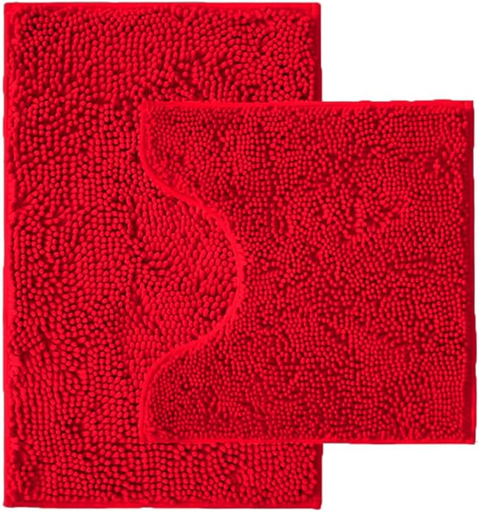 Bathroom Rugs Sets 2 Piece,Super Absorbent Chenille Bath Mats and U-Shaped Toilet Rug,Strong PVC Non Slip Backing,Microfiber Washable Dry Quickly Bath Mats for Bathroom(20"x32"+20"x20"U, Red)