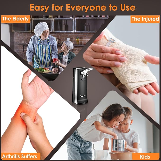 Davivy Electric Can Opener - One-Touch Hands-Free Operation,Removable Stainless Steel Cutter, 3-in-1 Design with Knife Sharpener&Bottle Opener(Black)