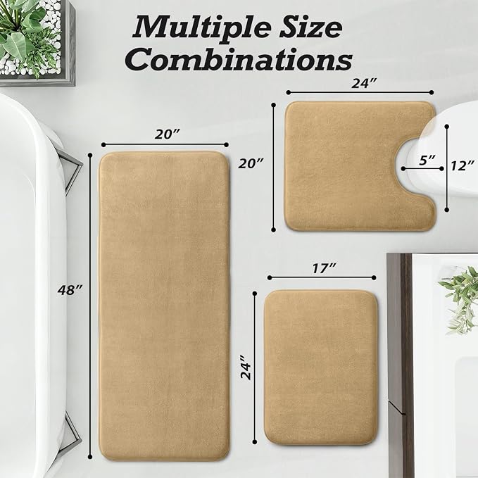 HUXMEYSON Bathroom Rugs Sets 3 Piece, Non-Slip & Quick Dry Bath Mat Set, Ultra Soft Velvet Bath Rugs for Bathroom, Toilet and Shower Floor, Khaki