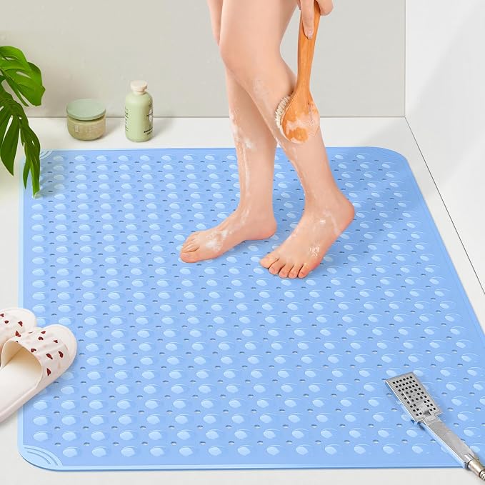 Yolife Extra Large TPE Shower Mat, 47.2" L x 31.5" W Anti Slip Bath Mat with Drain Holes and Suction Cups, Large Size Mat More Suitable for Shower Stall, No Odor, Heavy Mat