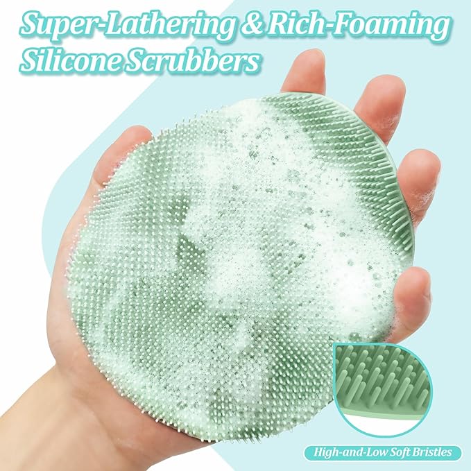 Silicone Back Scrubber & Bath Glove Set 2PCS, 13.4'' Gentle Shower Back Scrubber with Dual-Side Head Non-Slip Handle, 360° Anti-Slip Hand-fit Bath Glove for Rich Foaming Deep Cleaning(Green)