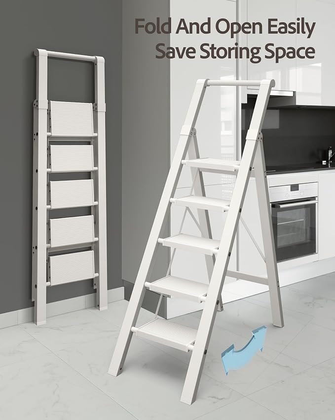 5 Step Ladder, Lightweight Folding StepStool with Convenient Handgrip,Aluminum 330lbs CapacityStep Ladder for Office,Household,Kitchen(White)