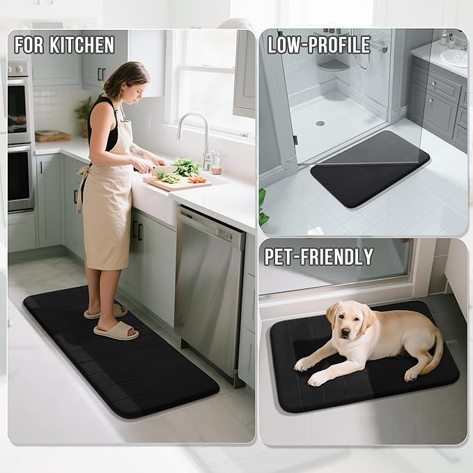 Yimobra Large Bath Mat Set 2 Piece- Super Soft Absorbent Quick Dry Memory Foam Bathroom Rugs, Machine Washable Non Slip Floor Carpet for Tub Shower & Double Vanity (17x24 & 44x24, Black)