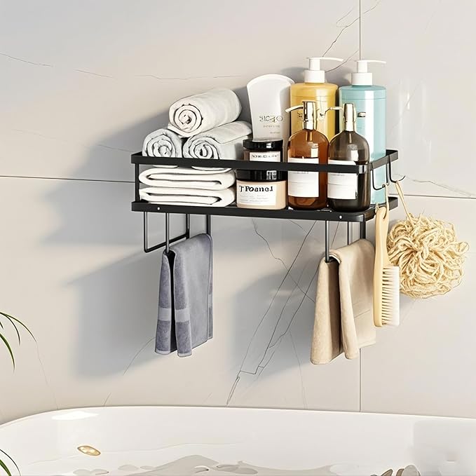PowerKing Over The Toilet Storage Shelf, Bathroom Organizer Rack with 2 Hooks, No-Drill, Rust-Resistant Steel, Toilet Paper Holder for Restroom Bathroom, Black
