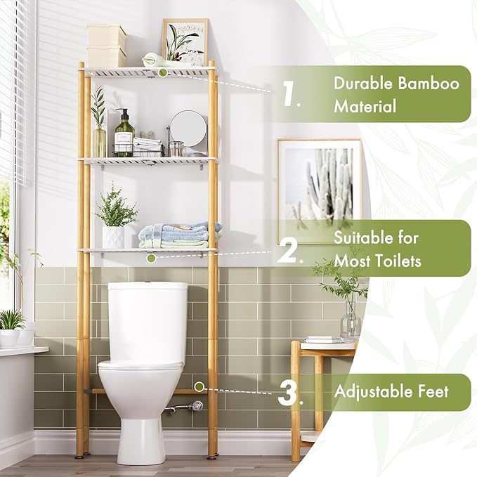 AmazerBath Over The Toilet Storage Bamboo, Bathroom Storage Organizer Shelf, 3-Tier Above Toilet Storage Rack, Space Saver, White and Natural Color
