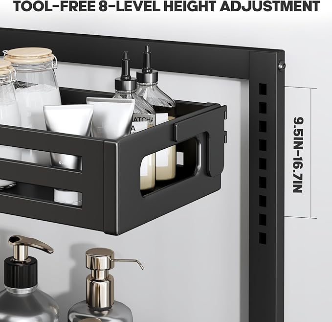 1 Pack Under Sink Organizer,Pull Out Cabinet Organizer with Smooth Cylindrical Rail,Metal Slide Out Drawer for Kitchen Bathroom Laundry Cabinet,8-Level Tool Free Height Adjustable-Black