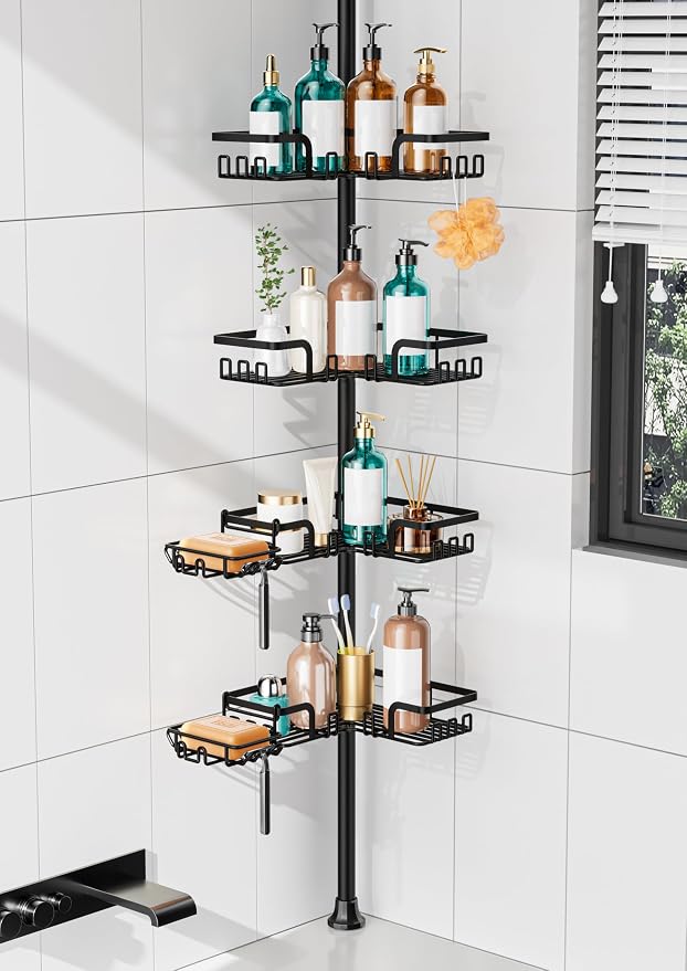 KEGII Shower Caddy Tension Pole, with 2-in-1 Soap Holders x 2 & 32 Hooks, Stainless Steel Adjustable Corner Shower Organizer for Bathroom, 25–114.2 Inches, Black