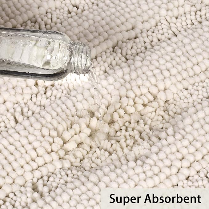 Turquoize Chenille Bath Mat, Soft Absorbent Shag Rug, Non Slip Bathroom Rugs, 20 x 32, Ivory