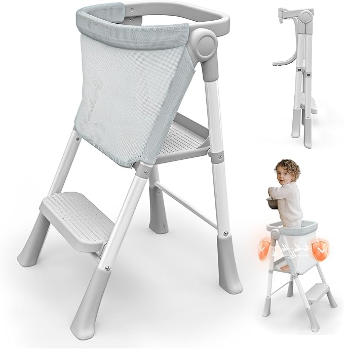 Toddler Step Stool Foldable, Kids Step Stools for Kitchen Counter, Foster Independence Learning Stool with Safety Guards&Net, Toddler Sturdy Standing Tower Kitchen Helper, Grey