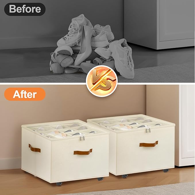 Foyego Shoe Organizer for Closet, Shoe Storage Organizer with Wheels and Adjustable Dividers, Stackable Shoe Storage Box with Clear Cover, Foldable Closet Shoe Organizer Fits up to 16-32 Pairs, Beige